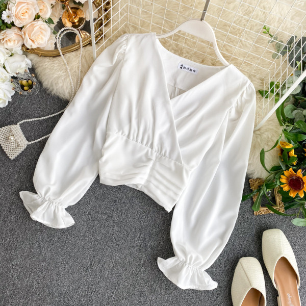 Vabaaja naiste lühike särk spitsikaelusega ja pikkade varrukatega