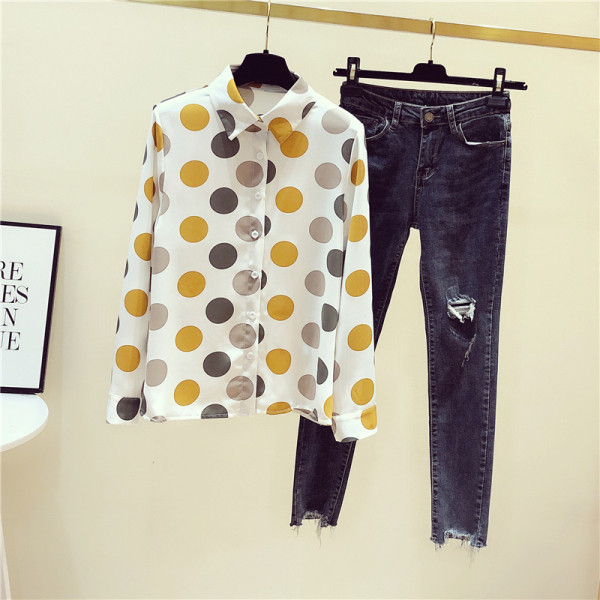 Modernūs moteriški marškiniai su spalvotais taškeliais ir klasikine apykakle