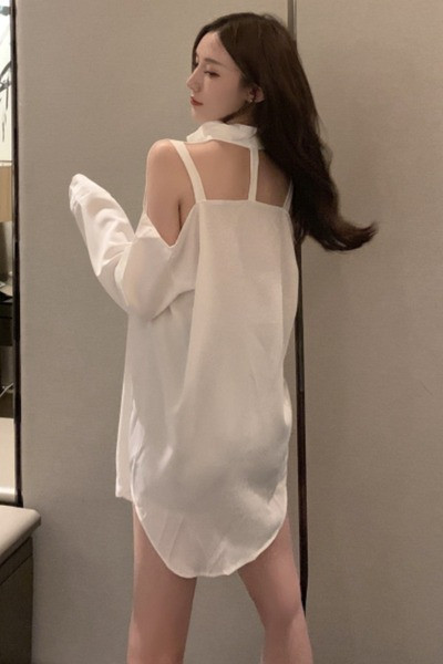 Pikk naiste särk klassikalise krae ja väljalõigetega