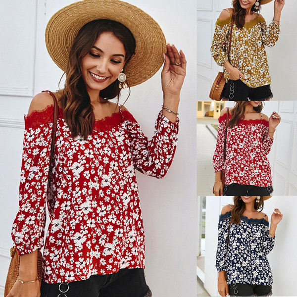 Moderna sieviešu blūze ar ziedu motīviem un atkailinātiem pleciem