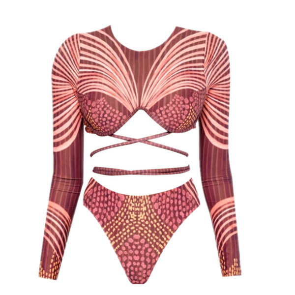 Νέο μοντέλο γυναικείο μαγιό  μπικίνι με μακρύ μανίκι, χρωματιστό τύπωμα και κορδόνια