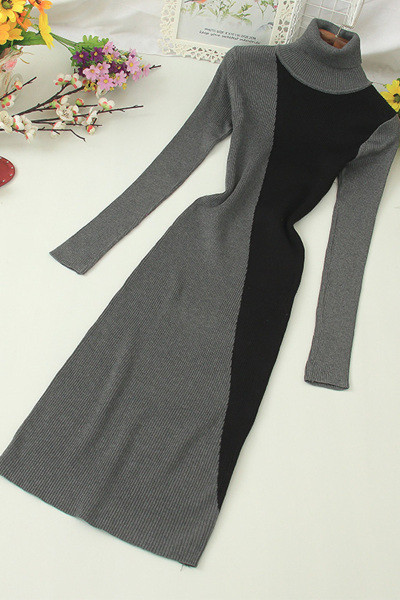 Rochie casual de dama cu guler inalt si maneci lungi