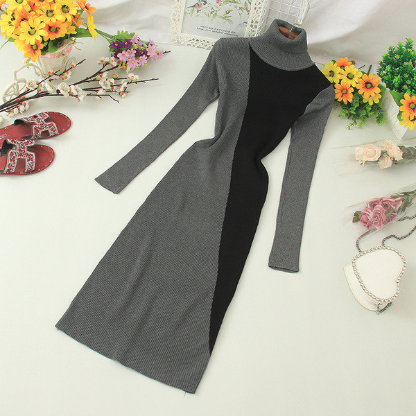 Rochie casual de dama cu guler inalt si maneci lungi