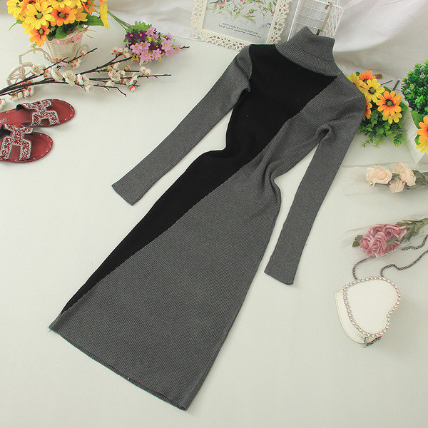 Rochie casual de dama cu guler inalt si maneci lungi