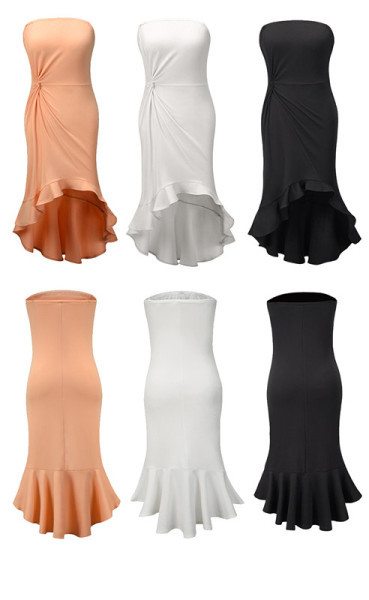 Moderns sieviešu kleitas asimetrisks modelis ar atkailinātiem pleciem