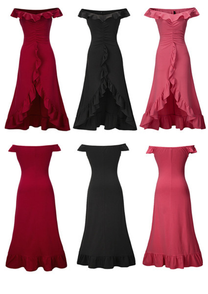 Naujo modelio asimetriška moteriška suknelė su skeltuku ir apnuogintais pečiais