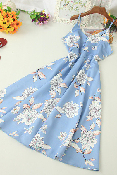 Casual γυναικείο φόρεμα με floral μοτίβο και λεπτή ιμάντες ώμου