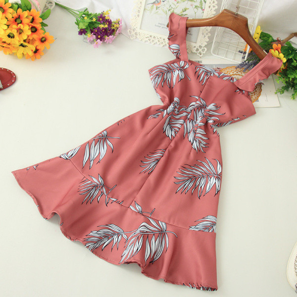 Új modell alkalmi női ruha széles pántokkal, virágmintával