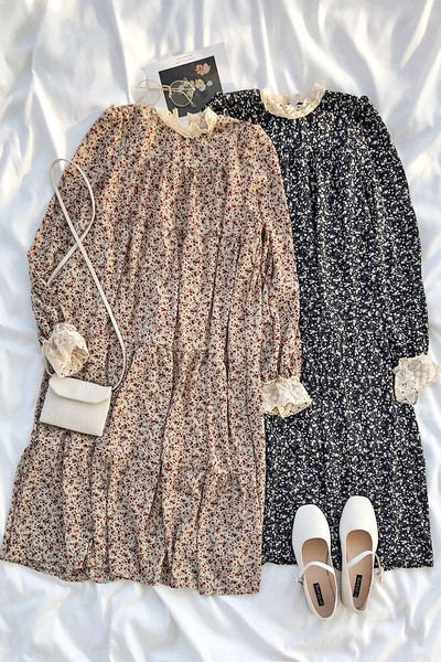 Μακρύ ρετρό στυλ γυναικείο φόρεμα με floral print και δαντέλα