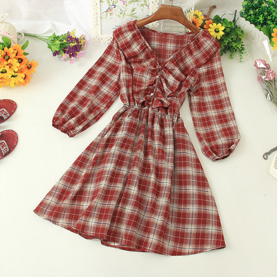 Ikdienas sieviešu rūtainā kleita ar špica kakla izgriezumu un elastīgu jostasvietu