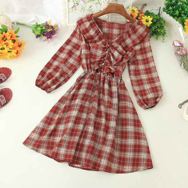 Ikdienas sieviešu rūtainā kleita ar špica kakla izgriezumu un elastīgu jostasvietu