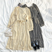 Pavasarinė moteriška suknelė su kaklaraiščiais ties juosmeniu