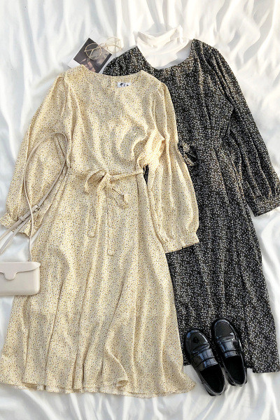 Pavasarinė moteriška suknelė su kaklaraiščiais ties juosmeniu