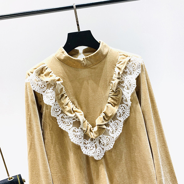 Naujo modelio moteriška aksominė palaidinė ilgomis rankovėmis ir siuvinėjimais