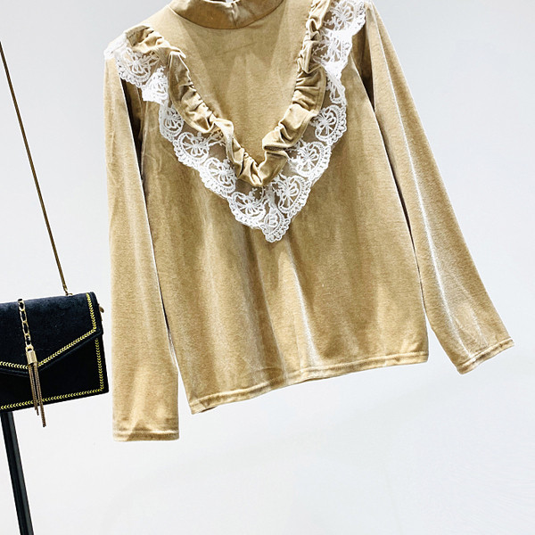 Naujo modelio moteriška aksominė palaidinė ilgomis rankovėmis ir siuvinėjimais