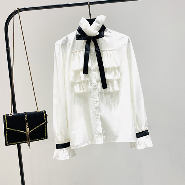 Moderns sieviešu krekls ar polo apkakli, lenti un lotosa piedurknēm-retro stilā