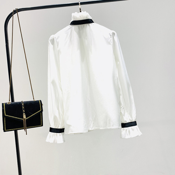 Moderns sieviešu krekls ar polo apkakli, lenti un lotosa piedurknēm-retro stilā