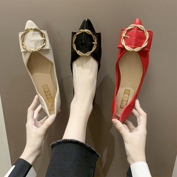 Sieviešu apavi ar plakanām zolēm un metāla elementu - smails modelis