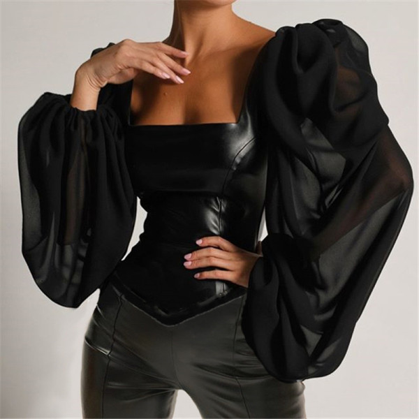 Jauna modeļa moderna sieviešu ādas blūze ar platām piedurknēm
