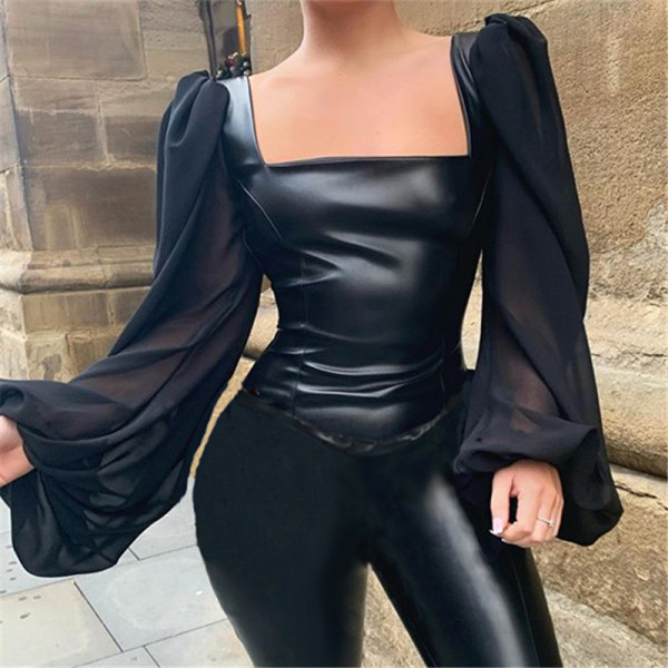 Jauna modeļa moderna sieviešu ādas blūze ar platām piedurknēm