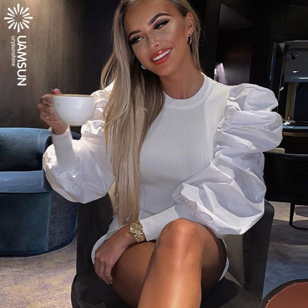 Ikdienas sieviešu blūze ar pufīgām piedurknēm un ovālu kakla izgriezumu