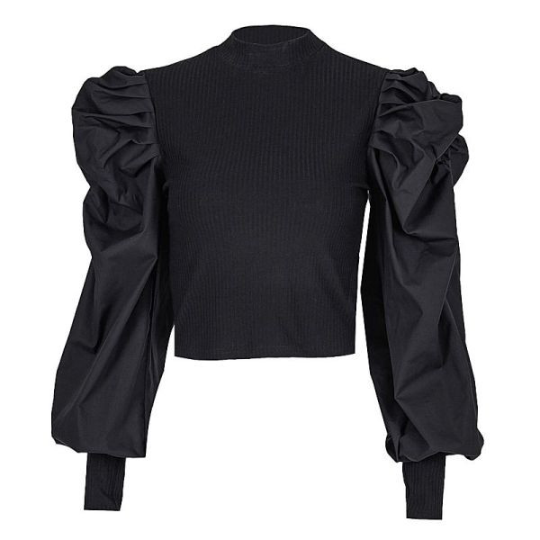 Ikdienas sieviešu blūze ar pufīgām piedurknēm un ovālu kakla izgriezumu