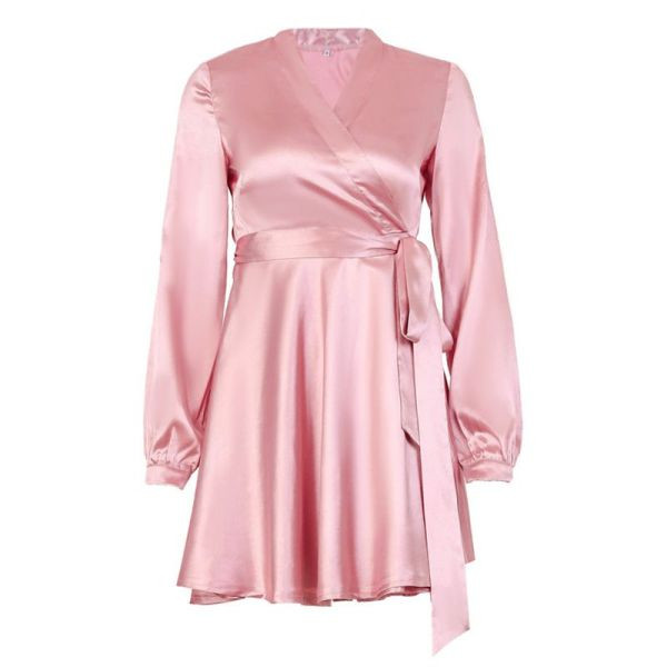 Ikdienas sieviešu satīna kleita ar špica kakla izgriezumu un garām piedurknēm