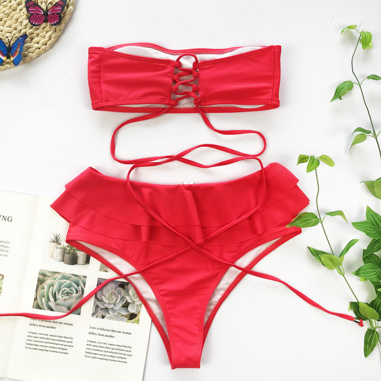 Κόκκινο γυναικείο μαγιό μπικίνι με κορδόνια