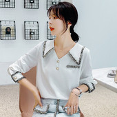 Naiste vabaaja särk nööpide ja spitsikaelusega