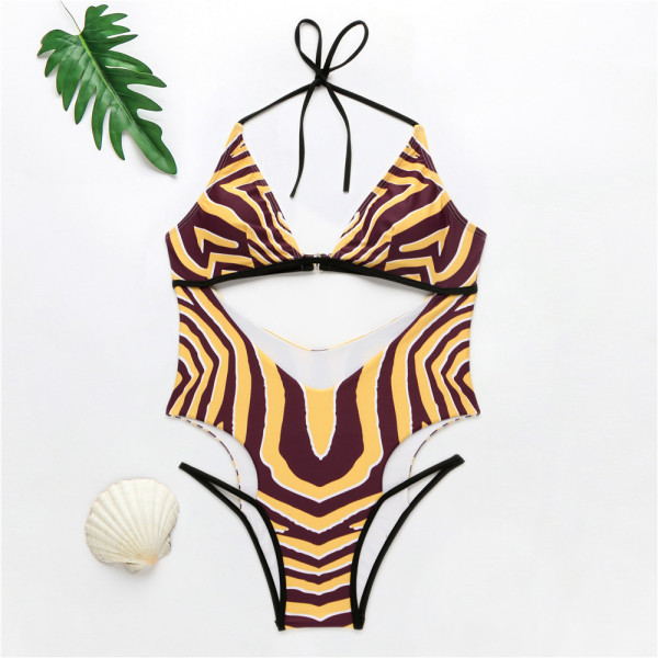 Pilns peldkostīms ar plānām lencēm, izgriezumiem un krāsainu rakstu