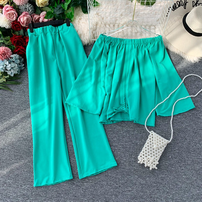 Pavasara sieviešu komplekts no divām daļām ar laivas kakla izgriezumu