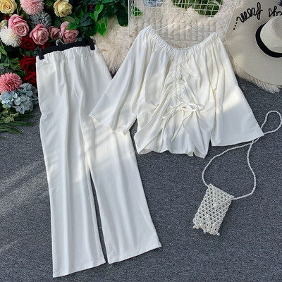 Pavasara sieviešu komplekts no divām daļām ar laivas kakla izgriezumu