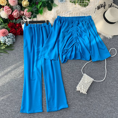 Pavasara sieviešu komplekts no divām daļām ar laivas kakla izgriezumu