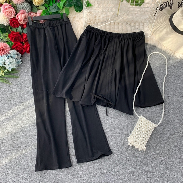 Pavasara sieviešu komplekts no divām daļām ar laivas kakla izgriezumu