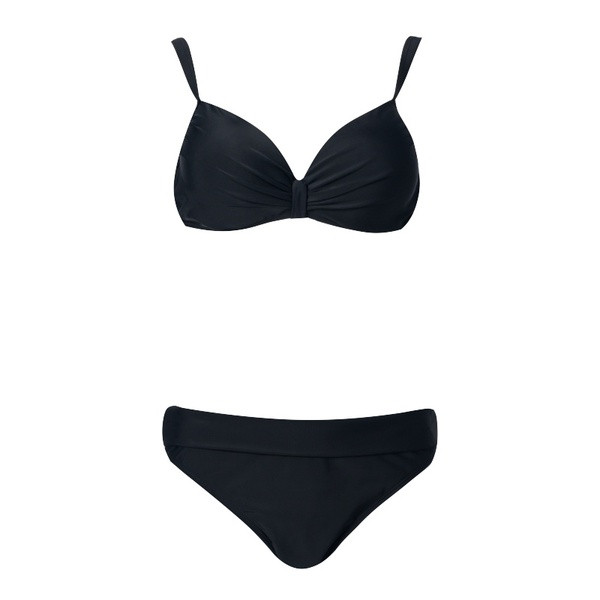 Modernus dviejų dalių maudymosi kostiumėlis su petnešėlėmis viršuje juodos spalvos