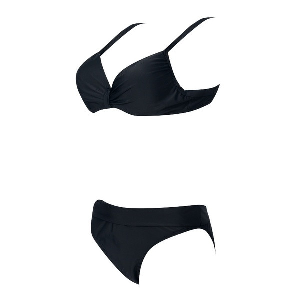Modernus dviejų dalių maudymosi kostiumėlis su petnešėlėmis viršuje juodos spalvos