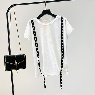 Uue mudeli lühikeste varrukate ja metallelementidega naiste T-särk