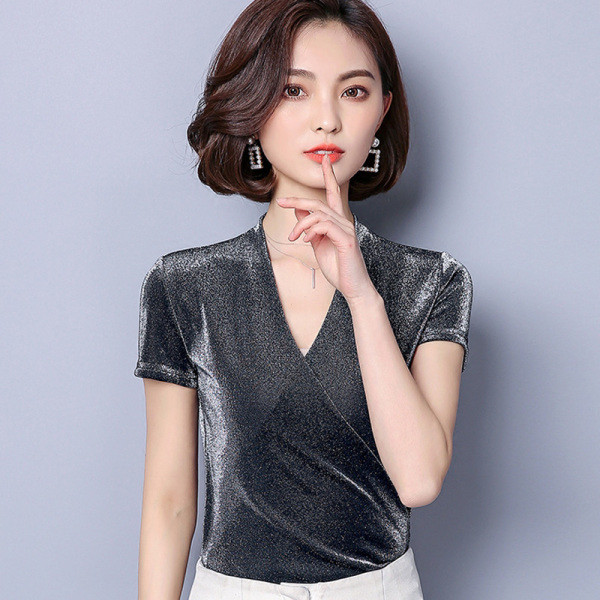 Bluză de damă elegantă cu mâneci scurte și efect strălucitor