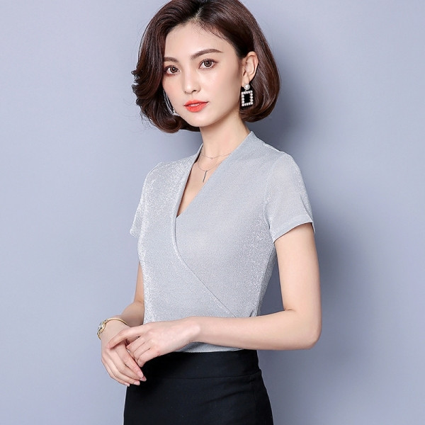 Bluză de damă elegantă cu mâneci scurte și efect strălucitor