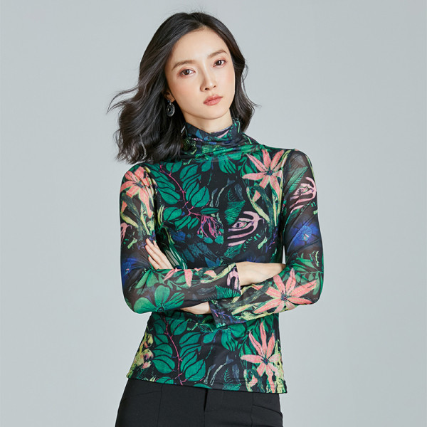 Moderni moteriška palaidinė aukšta apykakle ir gėlių motyvais