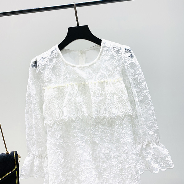 Νέο μοντέλο γυναικείο φόρεμα δαντελλών με 3/4 Lotus μανίκια και οβάλ λαιμόκοψη