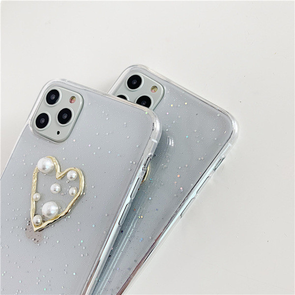 Διαφανή θήκη iPhone 11 Pro Max με καρδιά, πέρλες και λαμπερά σωματίδια