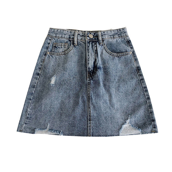 Sieviešu džinsa svārki ar kabatām un saplēstiem motīviem