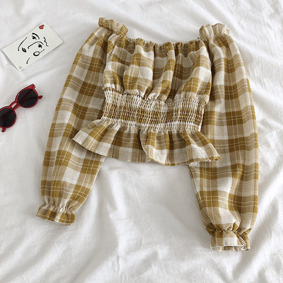 Καρό γυναικεία μπλούζα με μακριά μανίκια και λαιμόκοψη