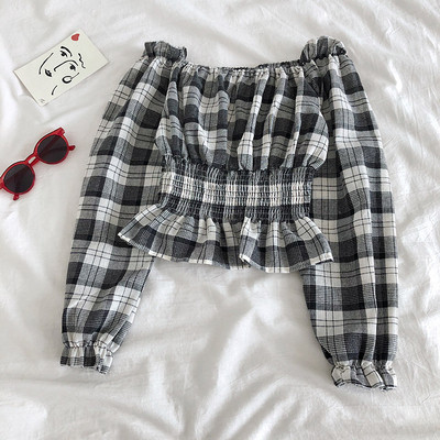 Καρό γυναικεία μπλούζα με μακριά μανίκια και λαιμόκοψη