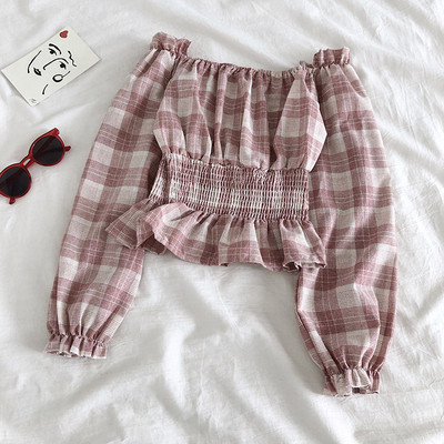 Καρό γυναικεία μπλούζα με μακριά μανίκια και λαιμόκοψη