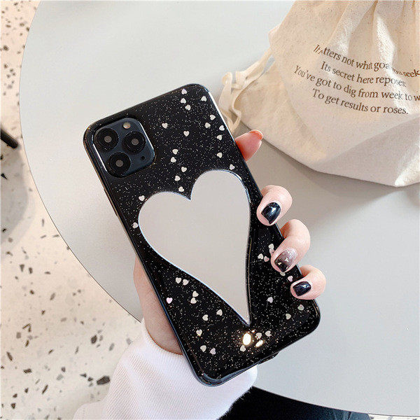 Tagaküljel peegelsüdame ja läikivate osakestega silikoonümbris iPhone 11 Pro Maxile
