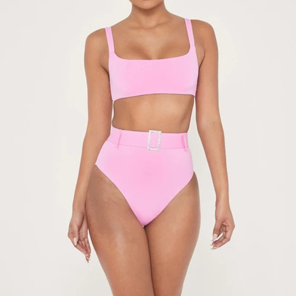 Μοντέρνο γυναικείο μαγιό σε ροζ και ψηλή μέση και ζώνη