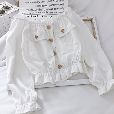 Ikdienas sieviešu krekls ar pufīgām piedurknēm un kabatām