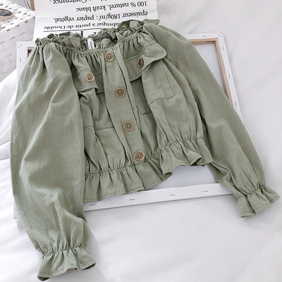 Ikdienas sieviešu krekls ar pufīgām piedurknēm un kabatām